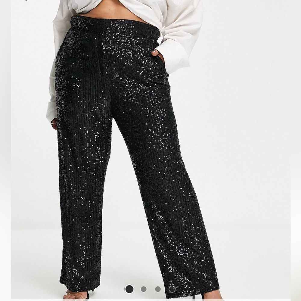 ASOS DESIGN Curve Straight sequin ankle grazer pants in black - Picture 1 of 6